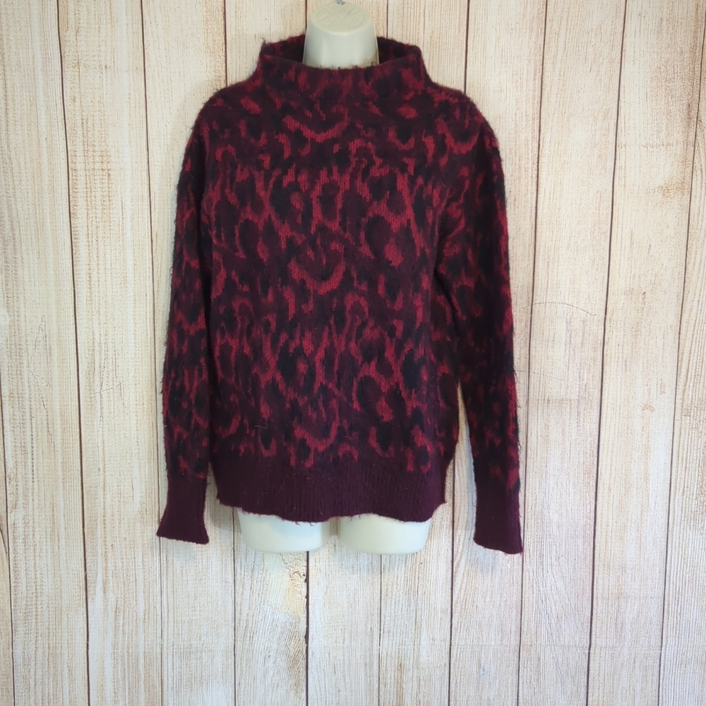 Immagini Animal Print Red, Burgundy & BlackMock Neck  Sweater Mohair Wool Blend
